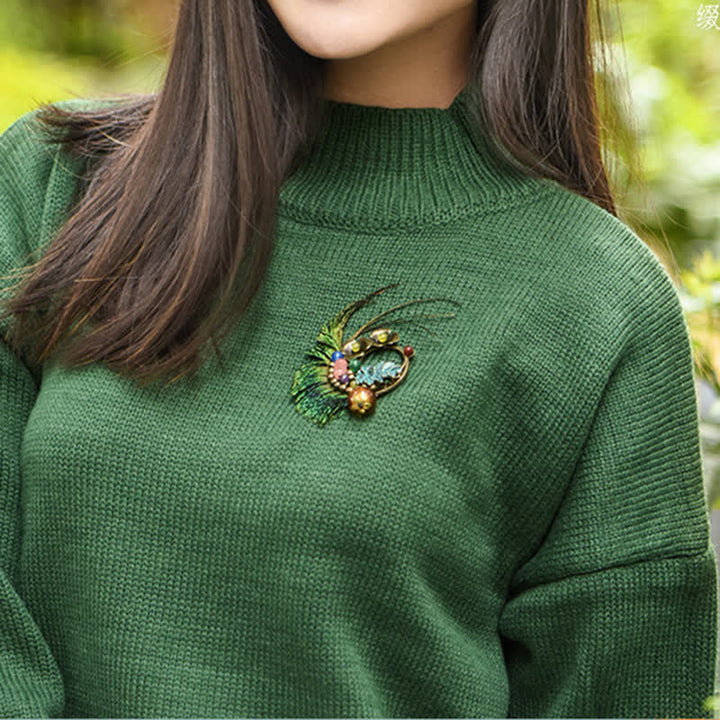 Broche rétro en bronze avec plume de paon et fleur pour femme