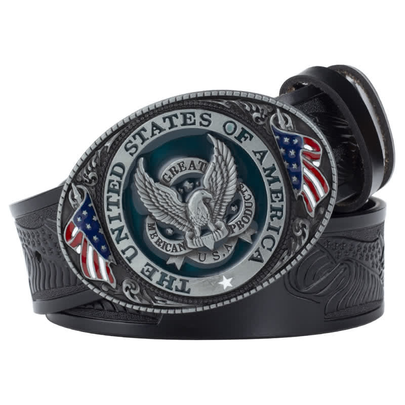 Ceinture en cuir à boucle patriotique pour homme avec ailes déployées et aigle