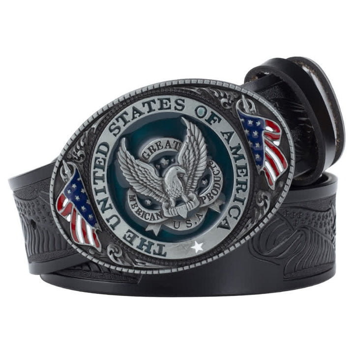 Ceinture en cuir à boucle patriotique pour homme avec ailes déployées et aigle