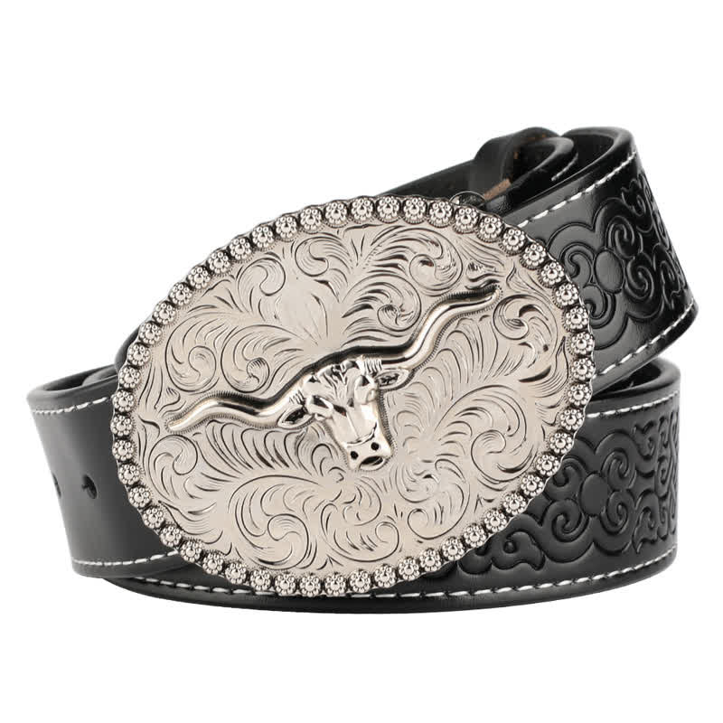 Ceinture en cuir pour homme avec plumes gravées et motif taureau