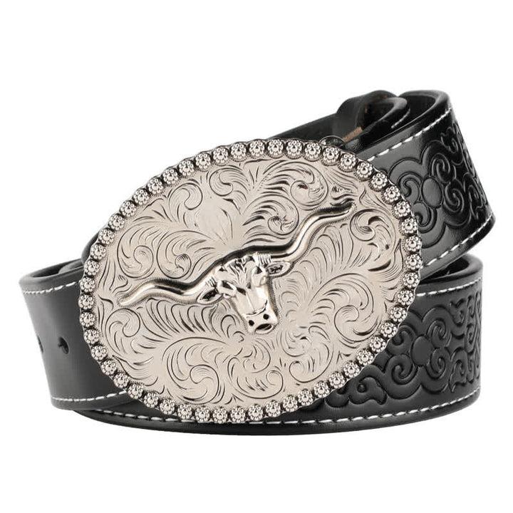 Ceinture en cuir pour homme avec plumes gravées et motif taureau