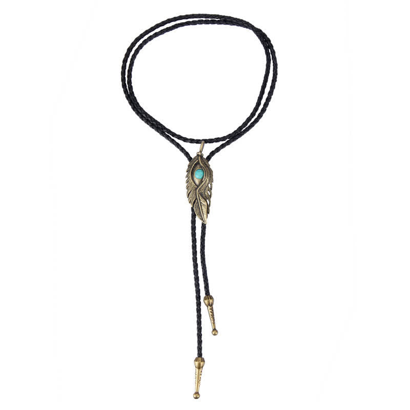 Cravate bolo en forme de plume avec incrustation de pierre turquoise bleue