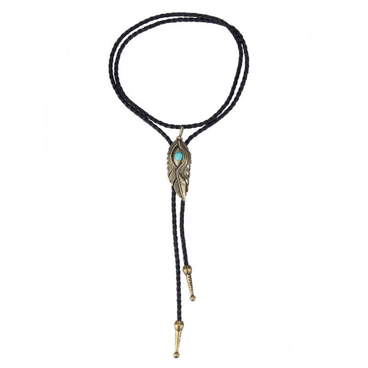 Cravate bolo en forme de plume avec incrustation de pierre turquoise bleue