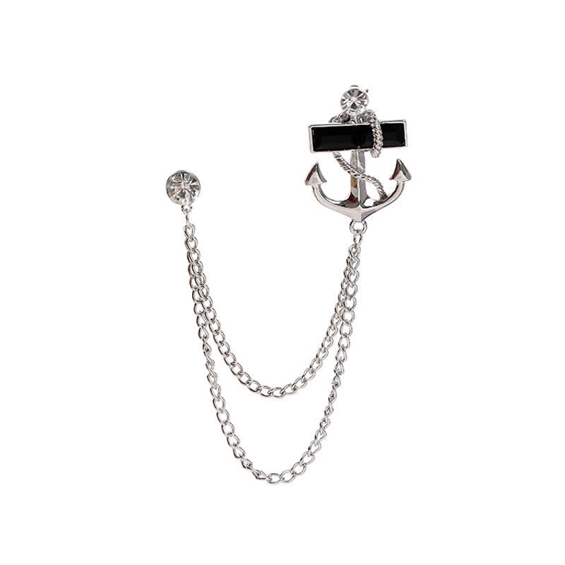 Broche pour homme avec chaîne d'ancre et pierres précieuses noires