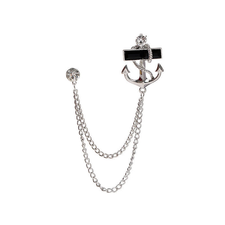 Broche pour homme avec chaîne d'ancre et pierres précieuses noires