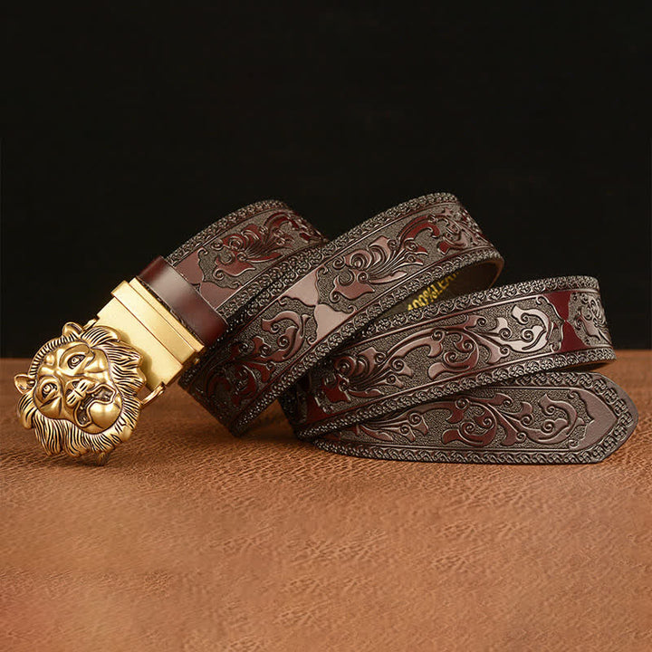 Ceinture en cuir pour homme avec tête de lion sculptée en 3D