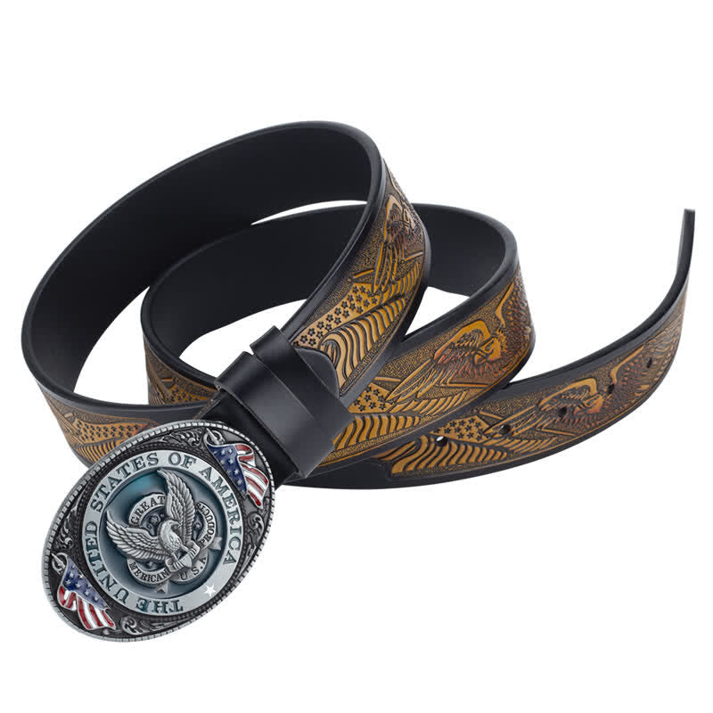 Ceinture en cuir à boucle patriotique pour homme avec ailes déployées et aigle
