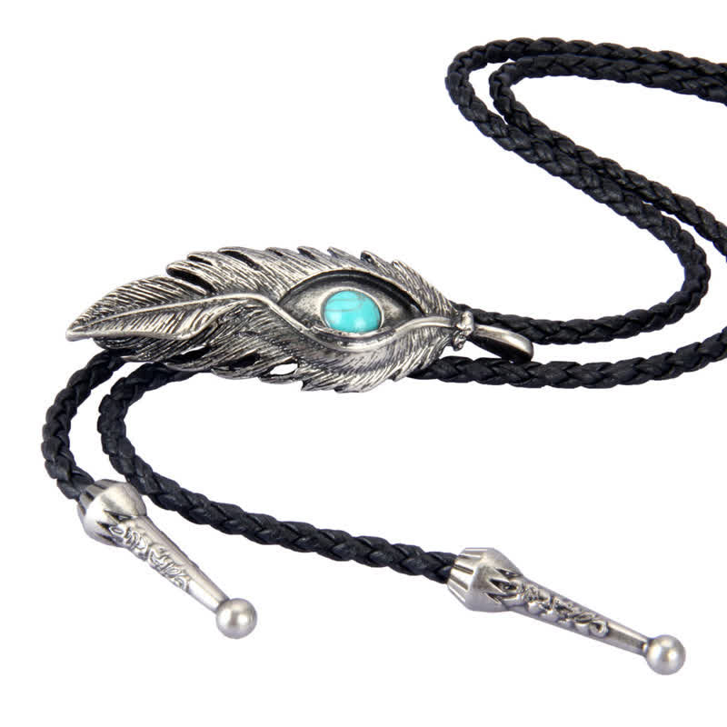 Cravate bolo en forme de plume avec incrustation de pierre turquoise bleue