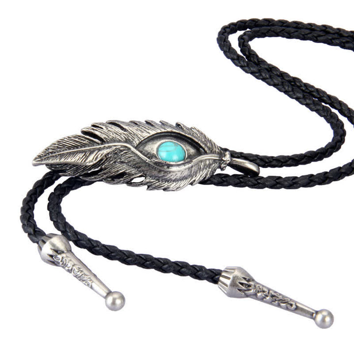 Cravate bolo en forme de plume avec incrustation de pierre turquoise bleue
