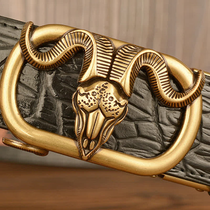 Ceinture en cuir à boucle automatique pour homme avec imprimé crocodile et tête de chèvre