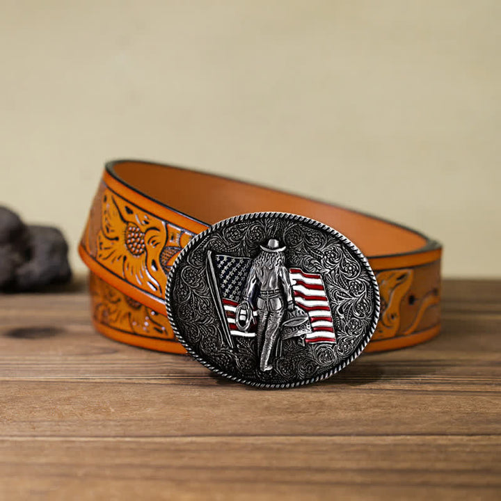 Ceinture en cuir à boucle drapeau américain pour homme avec motif cowboy