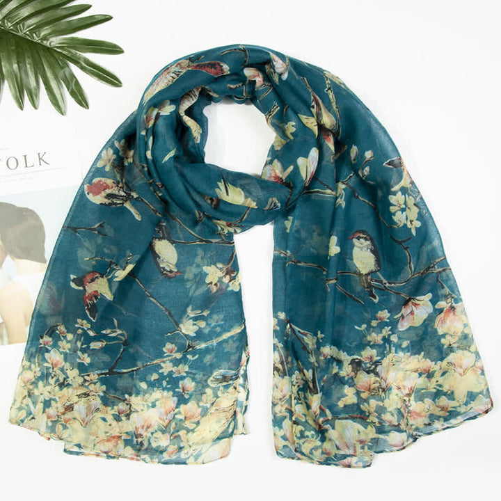Écharpe légère à imprimé floral et oiseaux pour femme