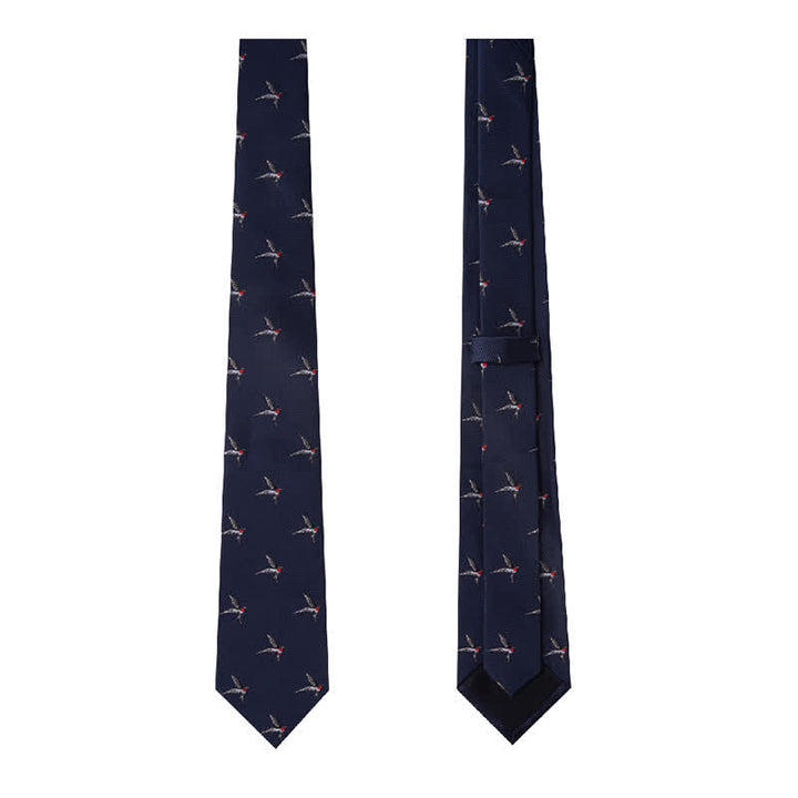 Cravate tissée brodée bleu marine pour homme avec motif hirondelle