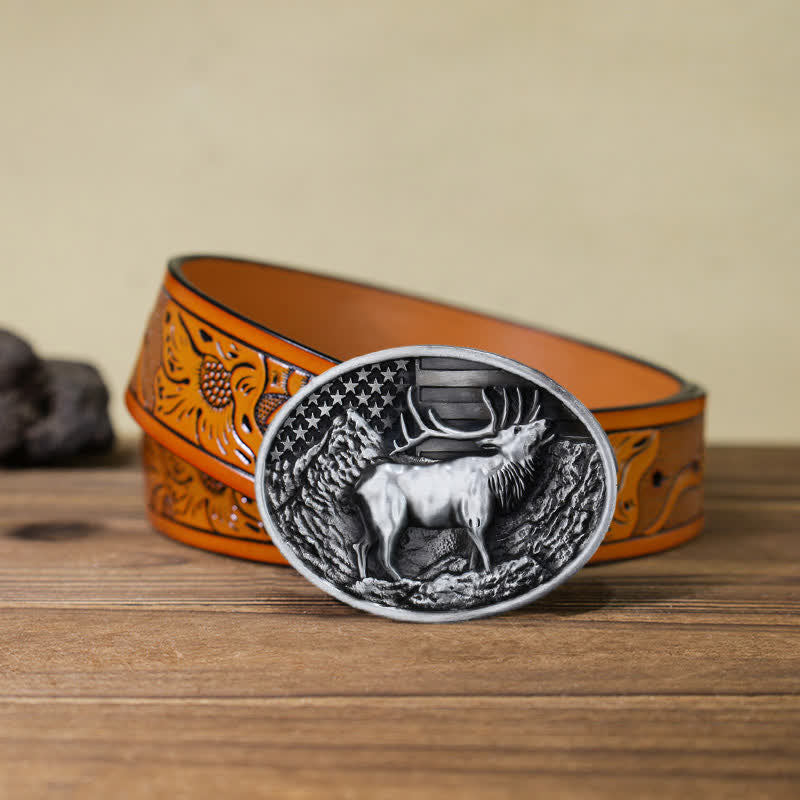 Ceinture en cuir à boucle pour homme avec drapeau américain et élan