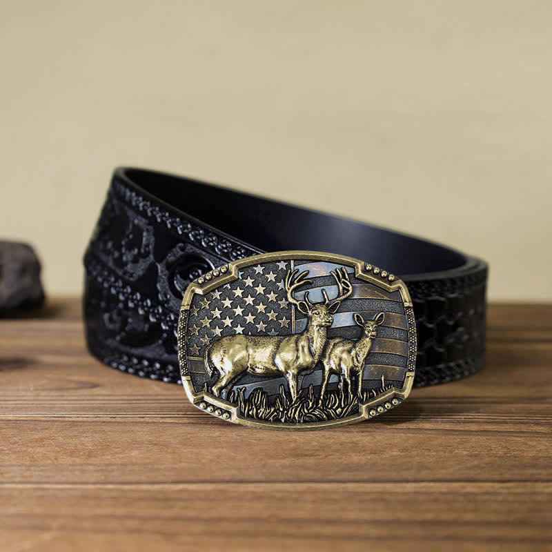 Ceinture en cuir à boucle drapeau américain pour homme avec motif de chasseur de cerfs