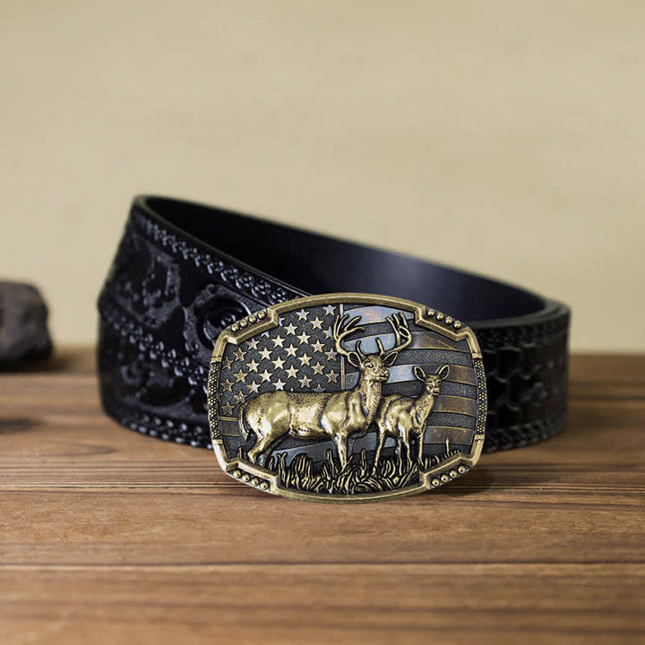 Ceinture en cuir à boucle drapeau américain pour homme avec motif de chasseur de cerfs