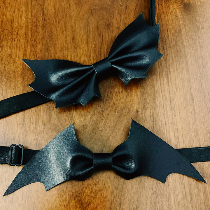 Nœud papillon en similicuir noir avec ailes de chauve-souris pour homme