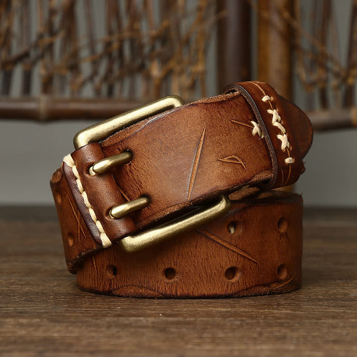 Ceinture en cuir à double boucle pour homme, effet vieilli