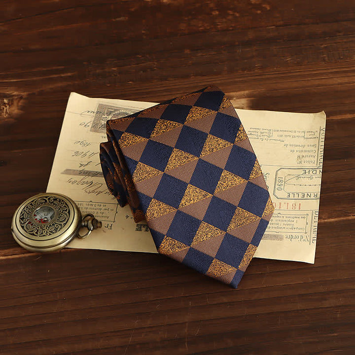 Cravate rustique à carreaux dorés et bleu marine pour homme - image 1