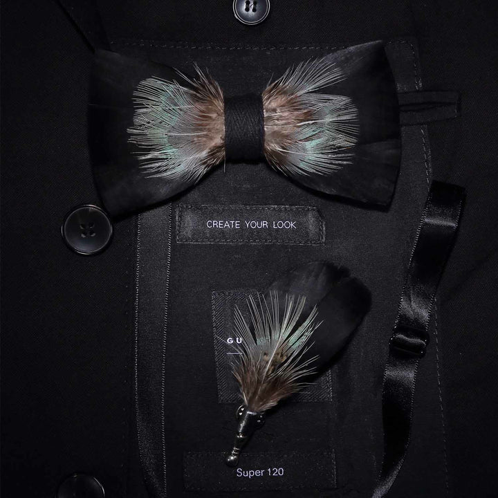 Nœud papillon en plumes de montagne noir et vert avec épingle à revers
