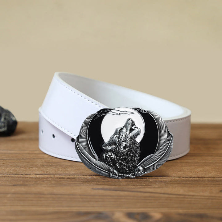 Ceinture en cuir à boucle ovale pour homme avec motif loup hurlant et lune
