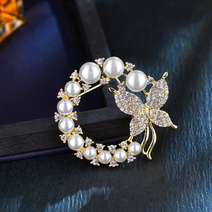 Broche couronne de perles papillon doré pour femme