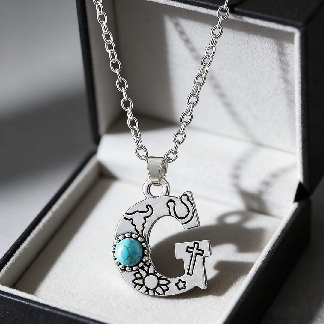 Collier vintage avec pendentif turquoise et initiale - G - image 8