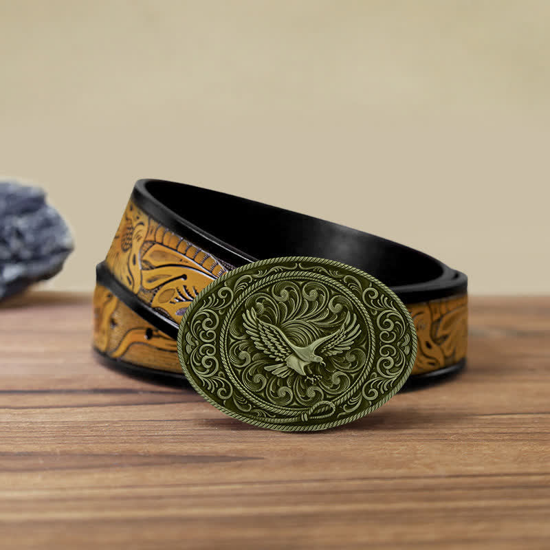 Ceinture en cuir à boucle florale gravée Soaring Eagle pour homme