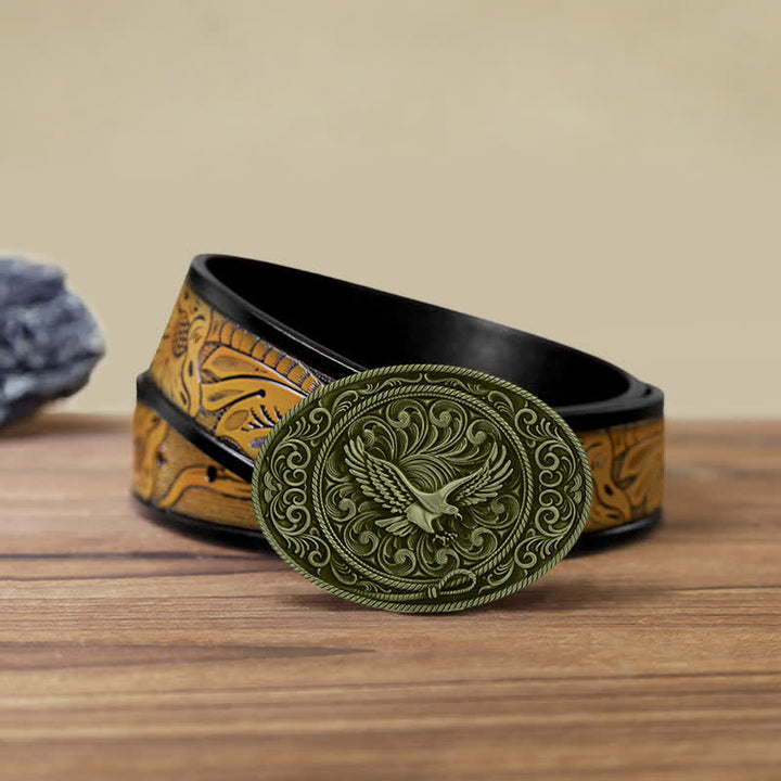 Ceinture en cuir à boucle florale gravée Soaring Eagle pour homme