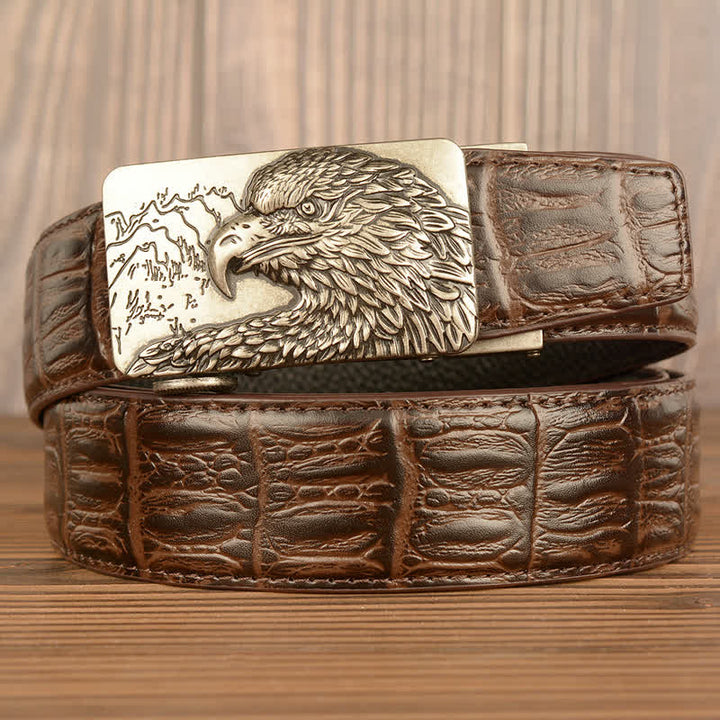 Ceinture en cuir pour homme avec motif crocodile et aigle sculpté