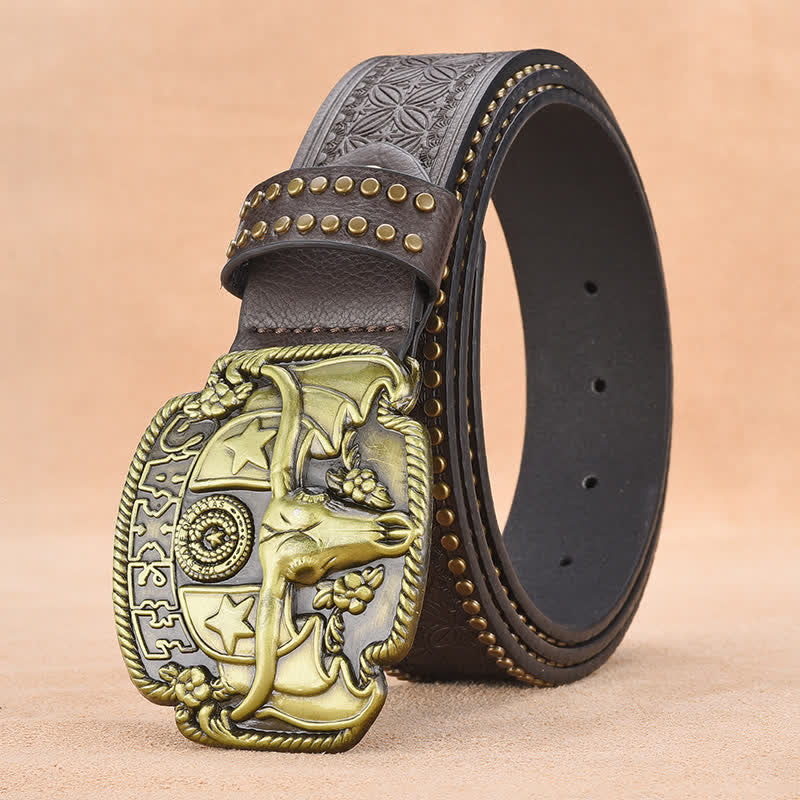 Ceinture en cuir à rivets style bœuf Longhorn antique pour homme