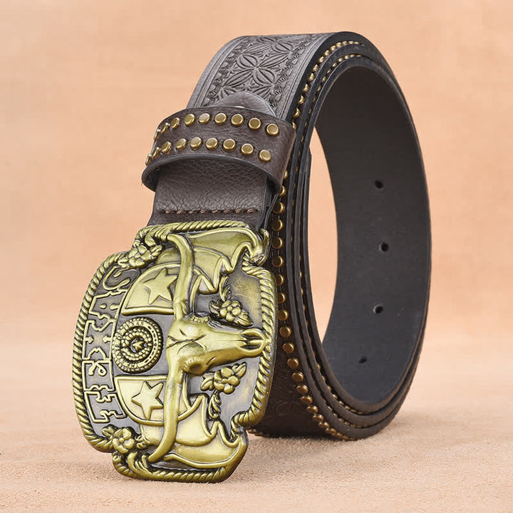 Ceinture en cuir à rivets style bœuf Longhorn antique pour homme