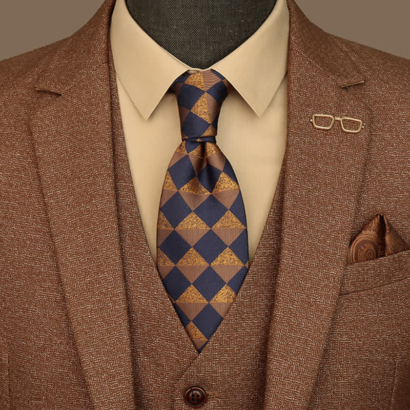 Cravate rustique à carreaux dorés et bleu marine pour homme - Or rustique et bleu marine - image 0