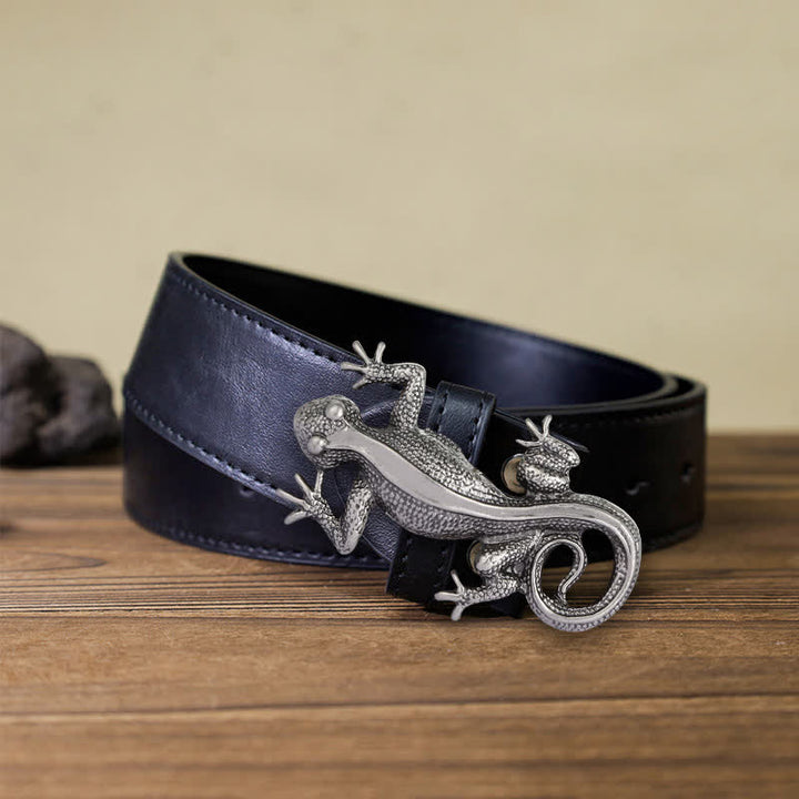 Ceinture en cuir à boucle unique en forme de lézard argenté pour homme
