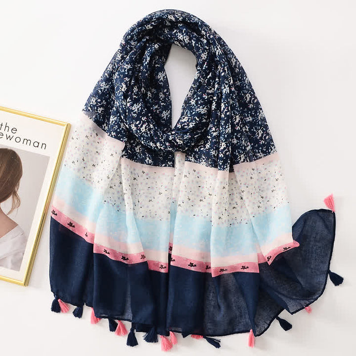 Écharpe fine à pompon et motif papillons floraux pour femme