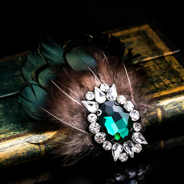 Broche plume en cristal vert foncé pour femme