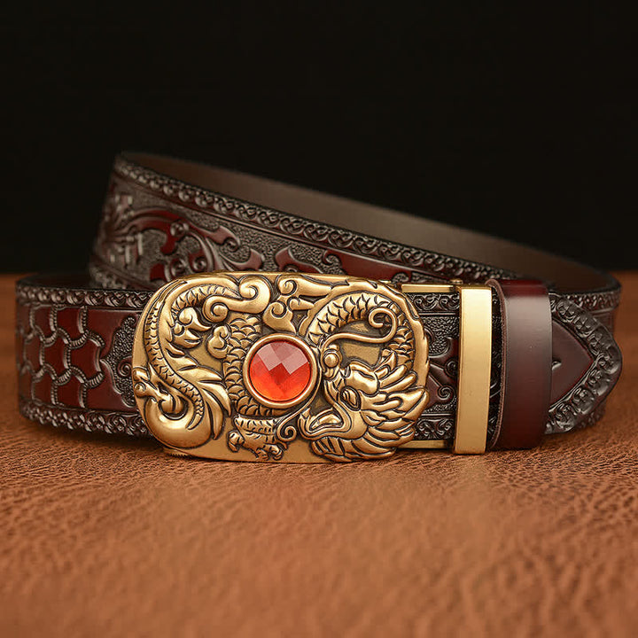 Ceinture en cuir pour homme avec pierre précieuse gravée en forme de dragon