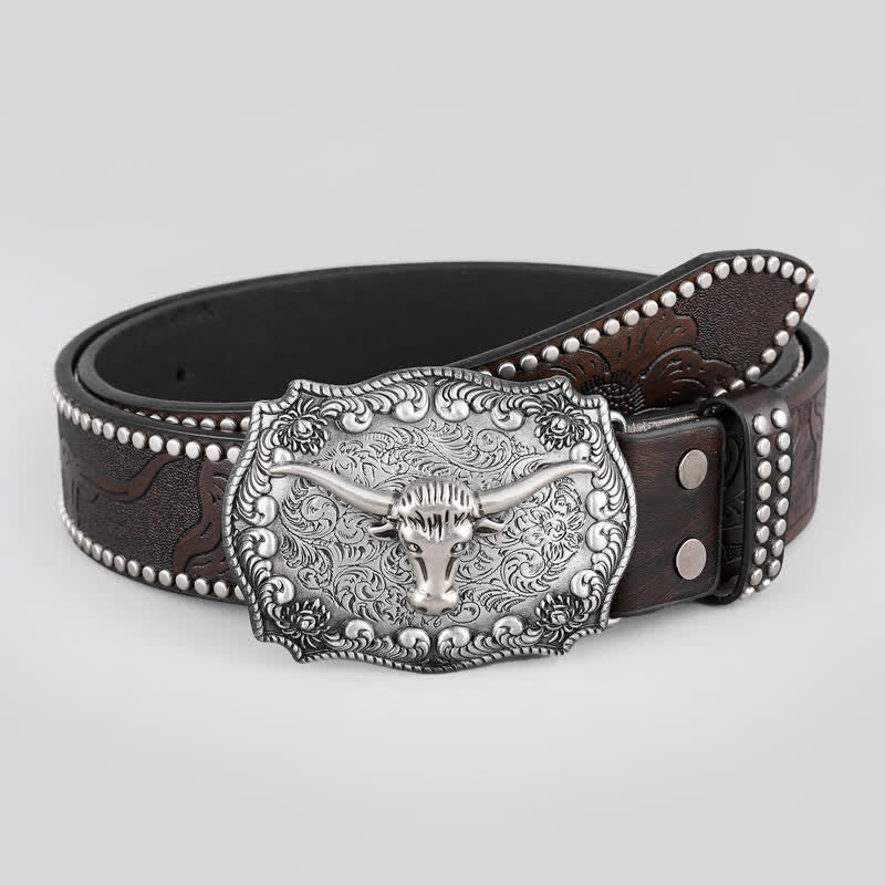 Ceinture en cuir à boucle carrée gravée en argent pour homme