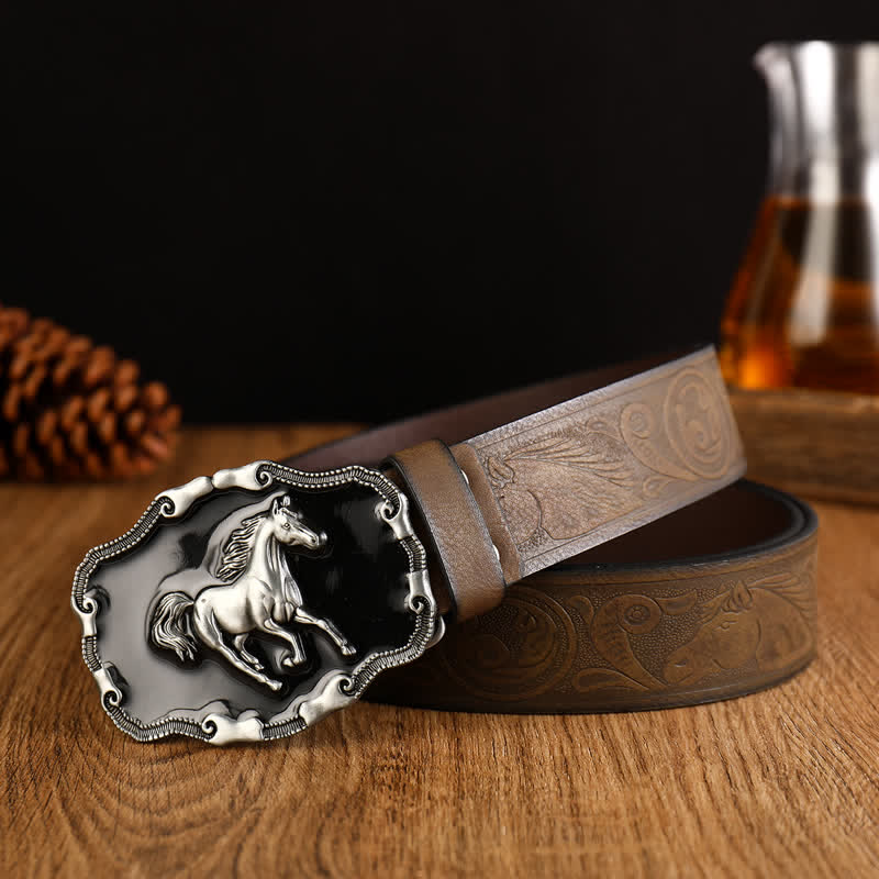 Ceinture en cuir noir argenté pour homme avec cheval au galop