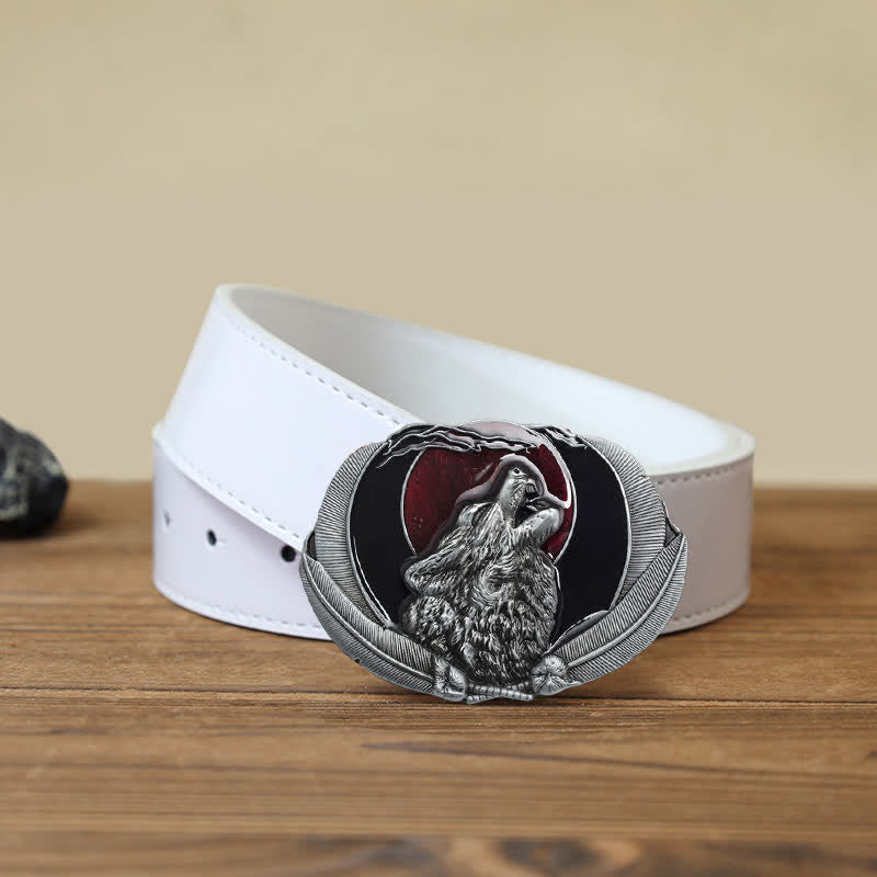 Ceinture en cuir à boucle ovale pour homme avec motif loup hurlant et lune