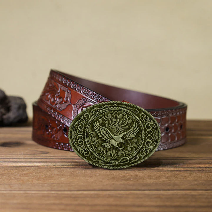 Ceinture en cuir à boucle florale gravée Soaring Eagle pour homme