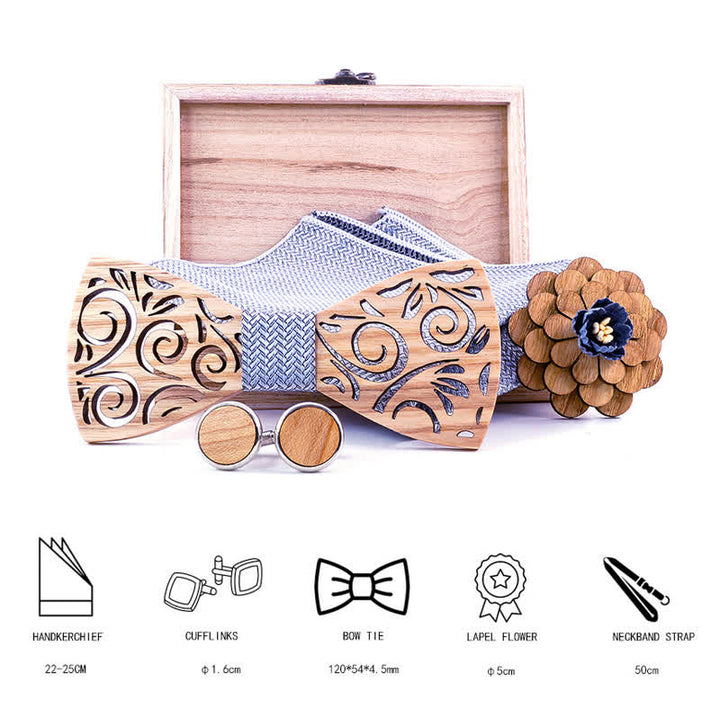 Lot de 4 nœuds papillon en bois à motif de feuilles creuses pour homme