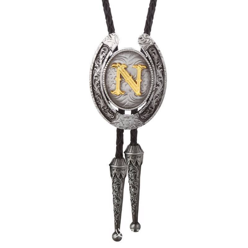 Cravate Bolo moderne avec initiales de A à Z en forme de fer à cheval de style occidental - Argent - N - image 44