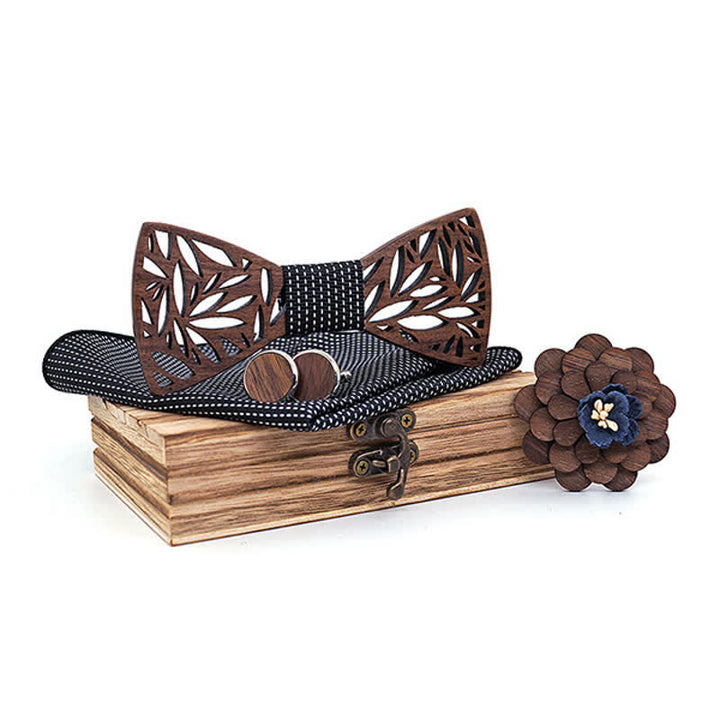 Lot de 4 nœuds papillon en bois à motif de feuilles creuses pour homme