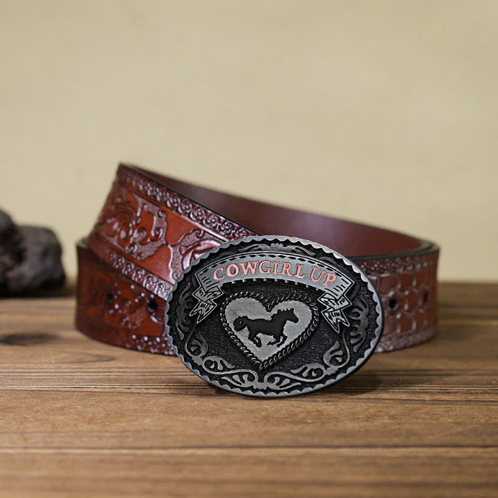 Ceinture en cuir à boucle relevée argentée pour femme avec motif cowgirl