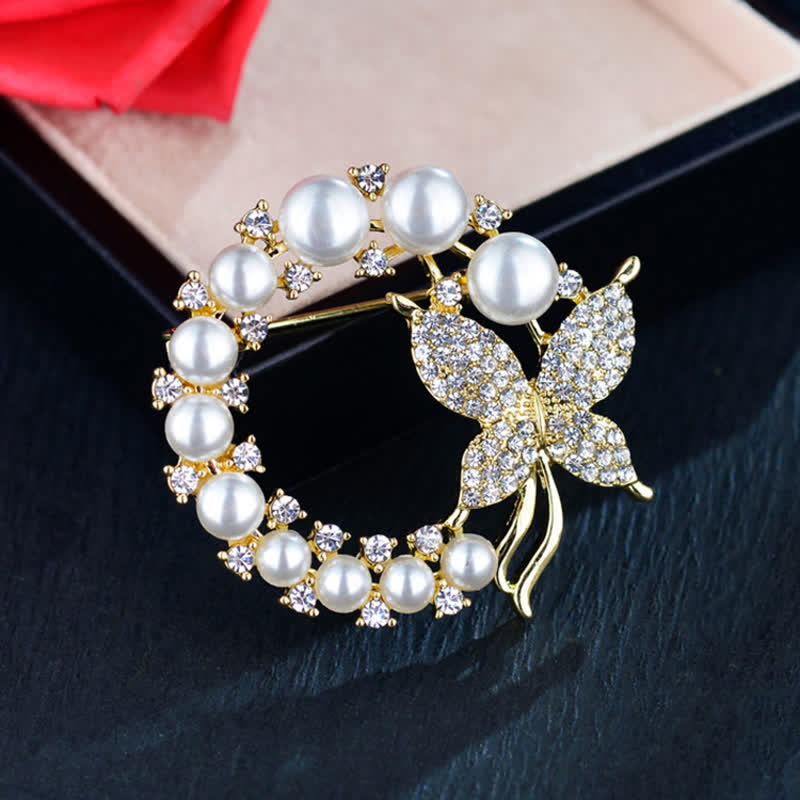 Broche couronne de perles papillon doré pour femme