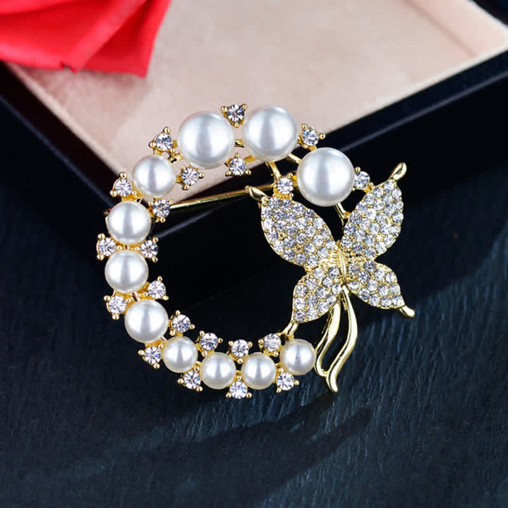 Broche couronne de perles papillon doré pour femme