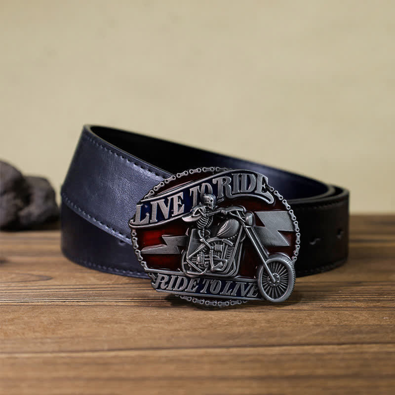Ceinture en cuir à boucle pour homme avec tête de mort et motard Live to Ride