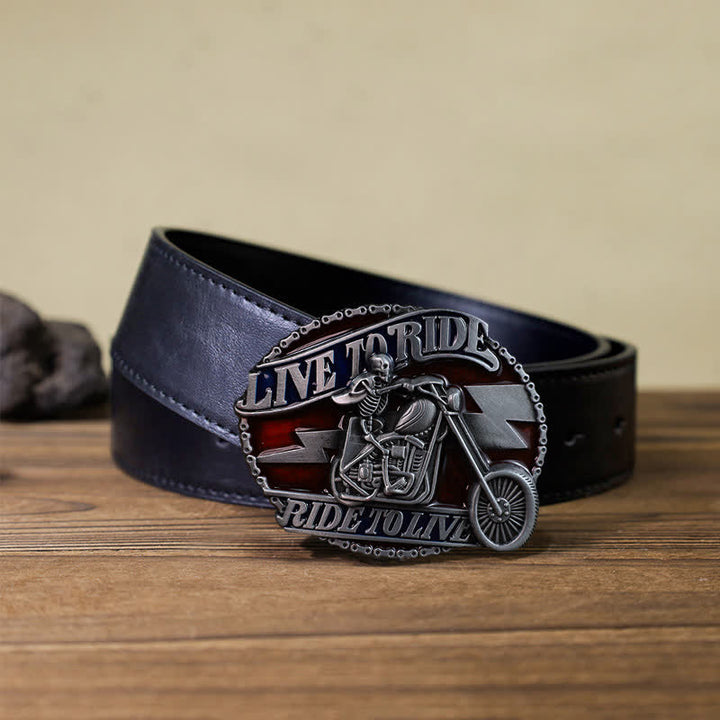 Ceinture en cuir à boucle pour homme avec tête de mort et motard Live to Ride