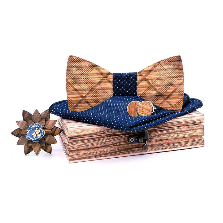Lot de 4 nœuds papillon en bois à carreaux classiques pour hommes
